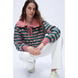 Zara Pink Green Striped Cable Knit Sweater Peter Pan Collar Womens Size L